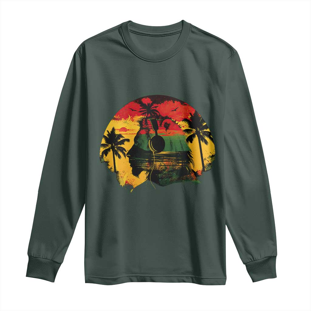 Retro Jamaican Lion Sunset Long Sleeve Shirt Rasta Colors Music and Island Vibes Graphic TS02 Dark Forest Green Print Your Wear