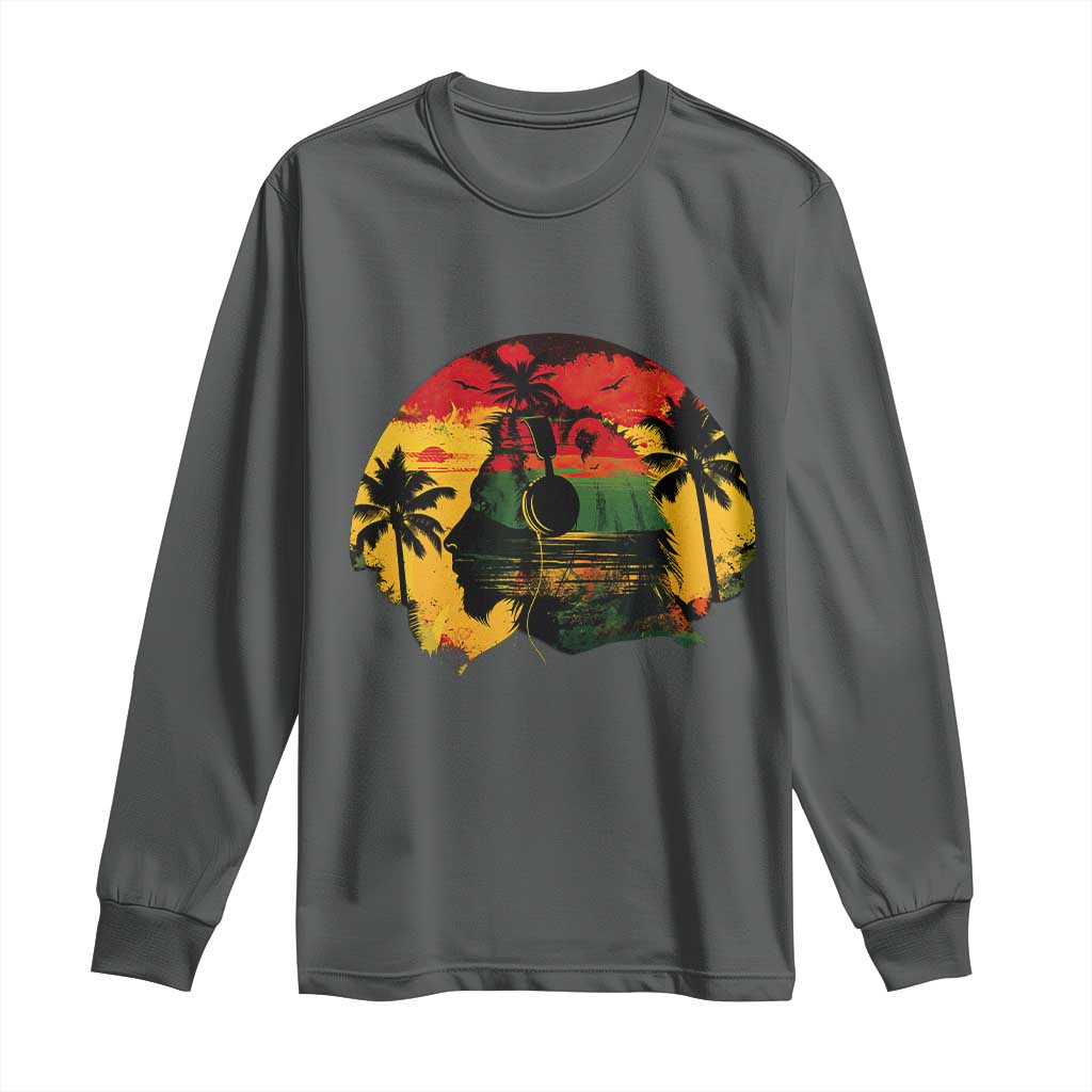 Retro Jamaican Lion Sunset Long Sleeve Shirt Rasta Colors Music and Island Vibes Graphic TS02 Dark Heather Print Your Wear