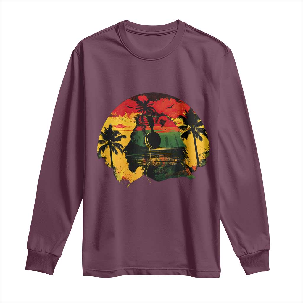 Retro Jamaican Lion Sunset Long Sleeve Shirt Rasta Colors Music and Island Vibes Graphic TS02 Maroon Print Your Wear