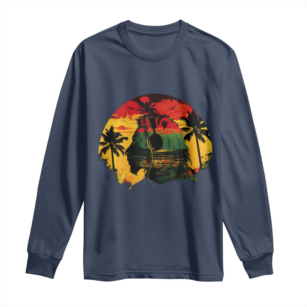 Retro Jamaican Lion Sunset Long Sleeve Shirt Rasta Colors Music and Island Vibes Graphic TS02 Navy Print Your Wear