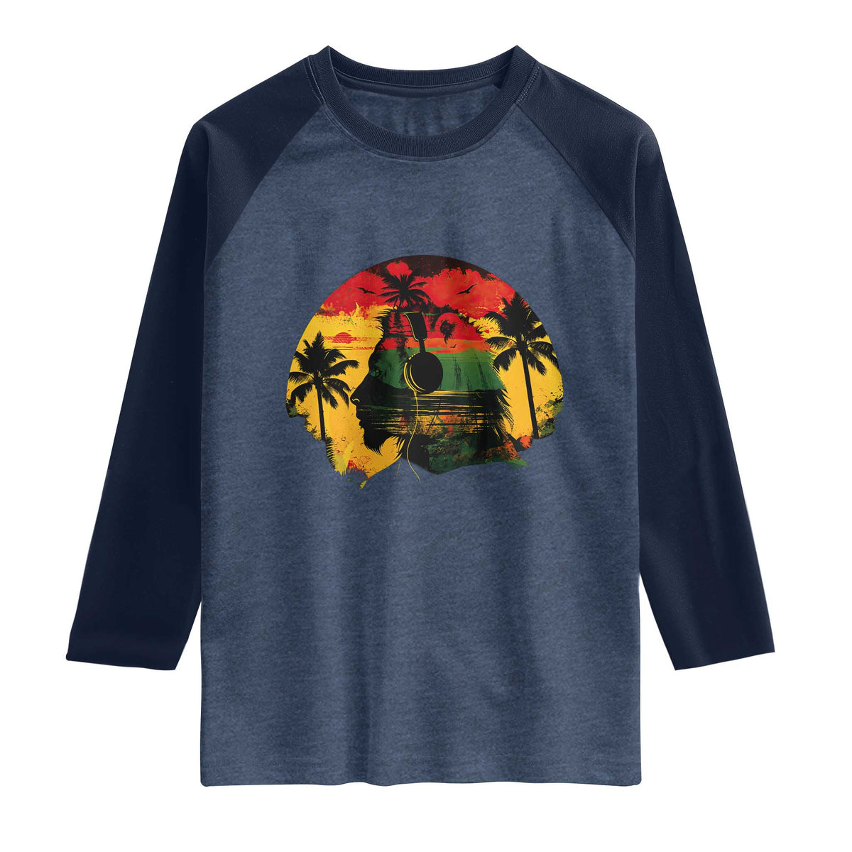 Retro Jamaican Lion Sunset Raglan Shirt Rasta Colors Music and Island Vibes Graphic TS02 Heather Denim Navy Print Your Wear