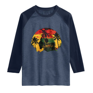 Retro Jamaican Lion Sunset Raglan Shirt Rasta Colors Music and Island Vibes Graphic TS02 Heather Denim Navy Print Your Wear
