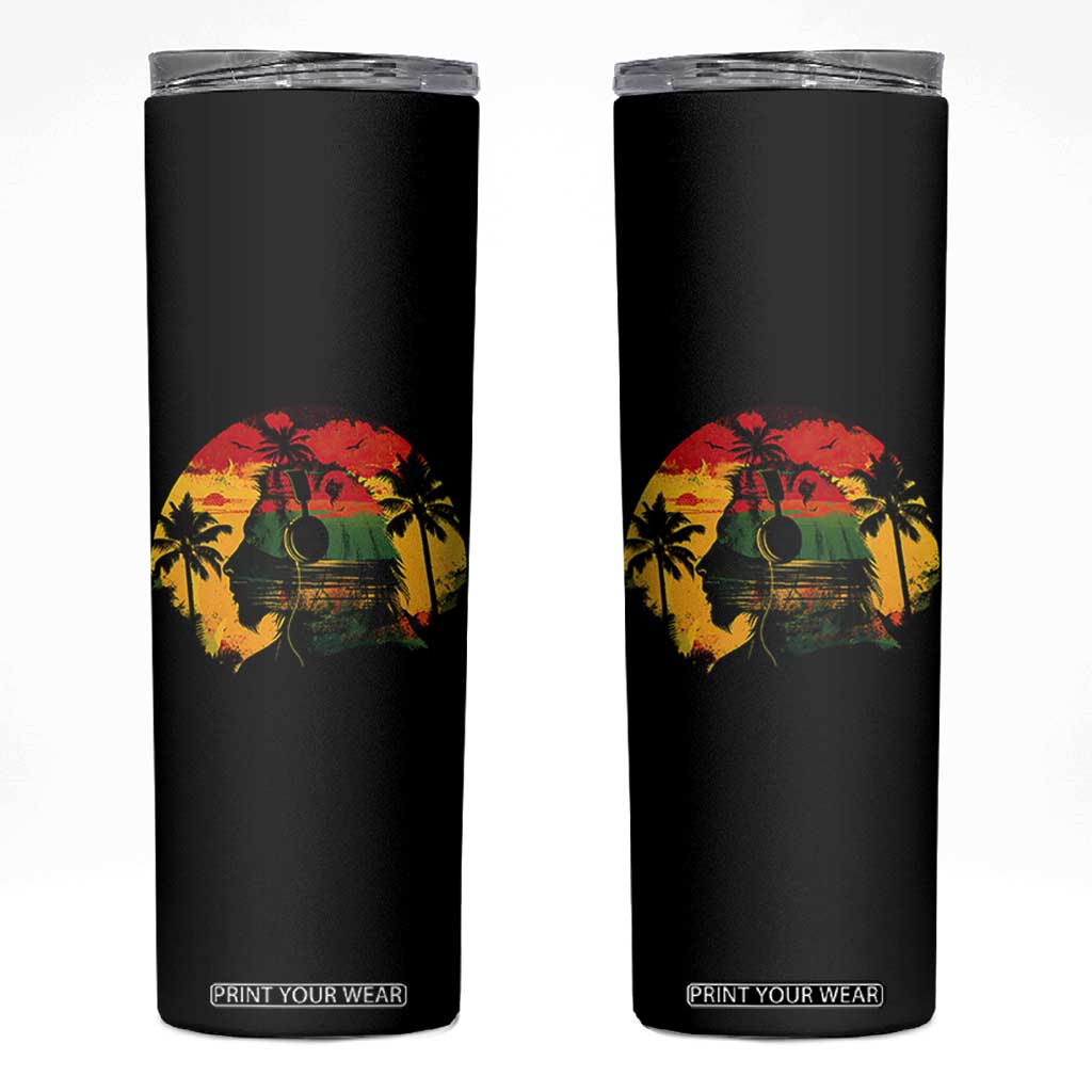 Retro Jamaican Lion Sunset Skinny Tumbler Rasta Colors Music and Island Vibes Graphic TS02 Black Print Your Wear