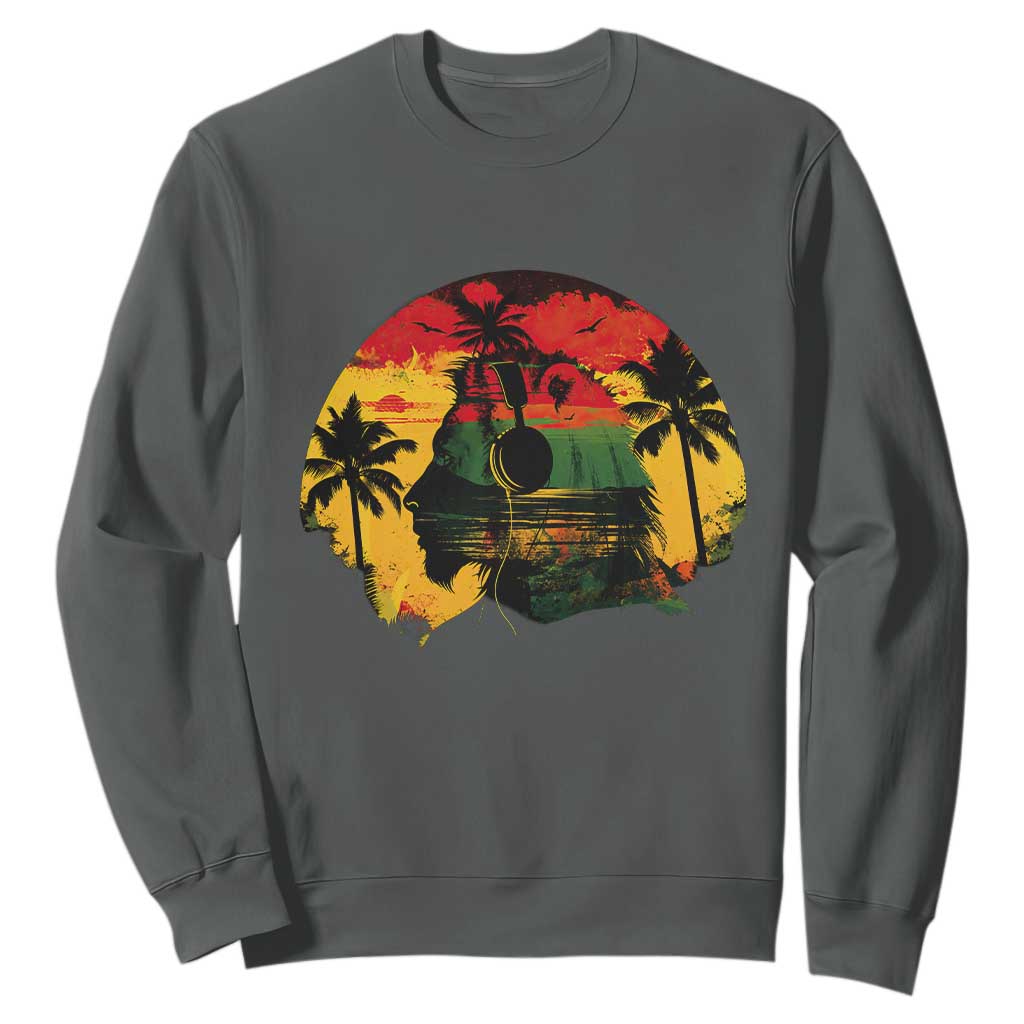 Retro Jamaican Lion Sunset Sweatshirt Rasta Colors Music and Island Vibes Graphic TS02 Dark Heather Print Your Wear