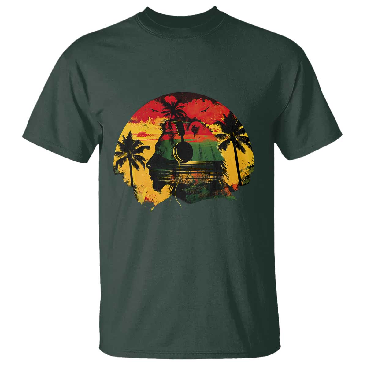 Retro Jamaican Lion Sunset T Shirt Rasta Colors Music and Island Vibes Graphic TS02 Dark Forest Green Print Your Wear