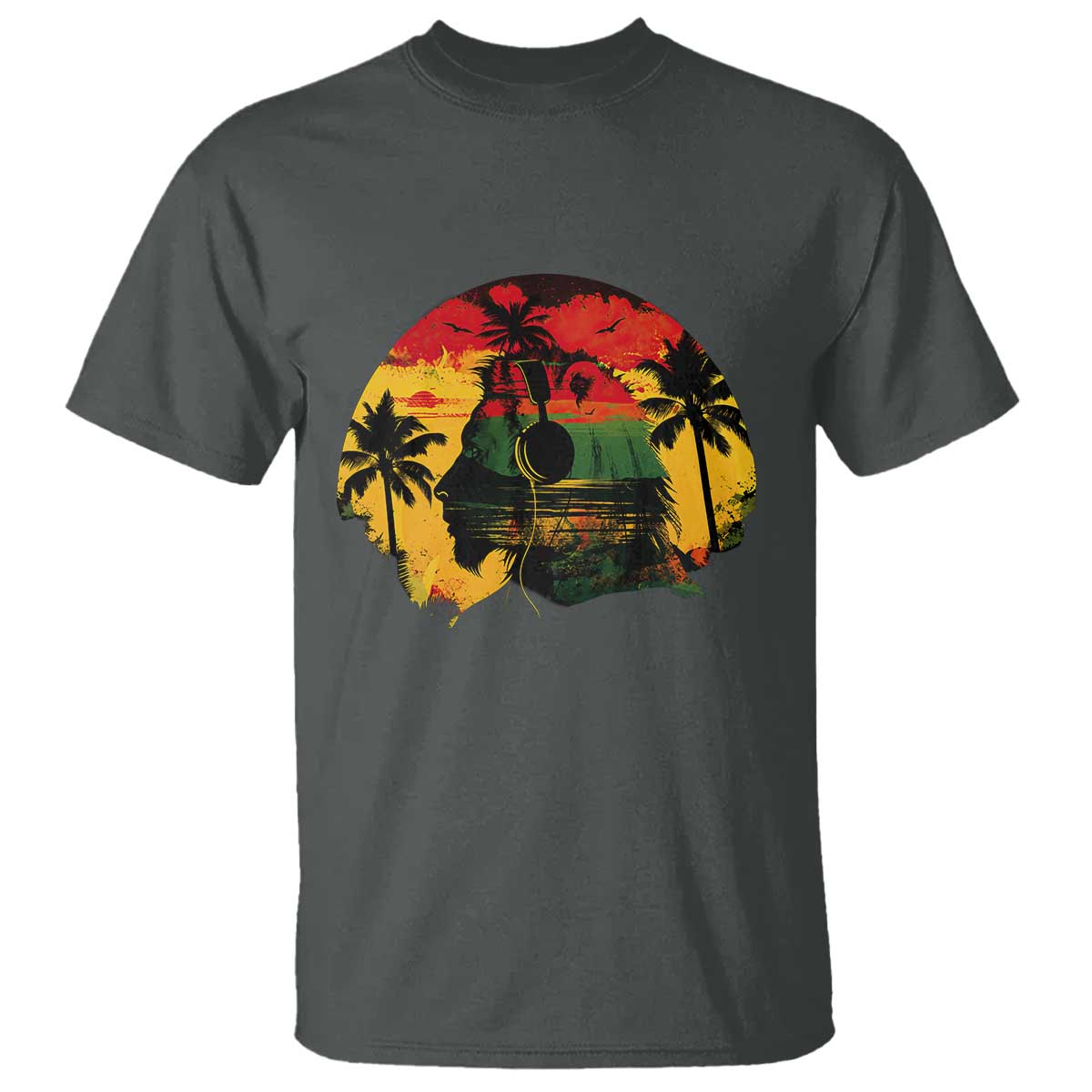 Retro Jamaican Lion Sunset T Shirt Rasta Colors Music and Island Vibes Graphic TS02 Dark Heather Print Your Wear