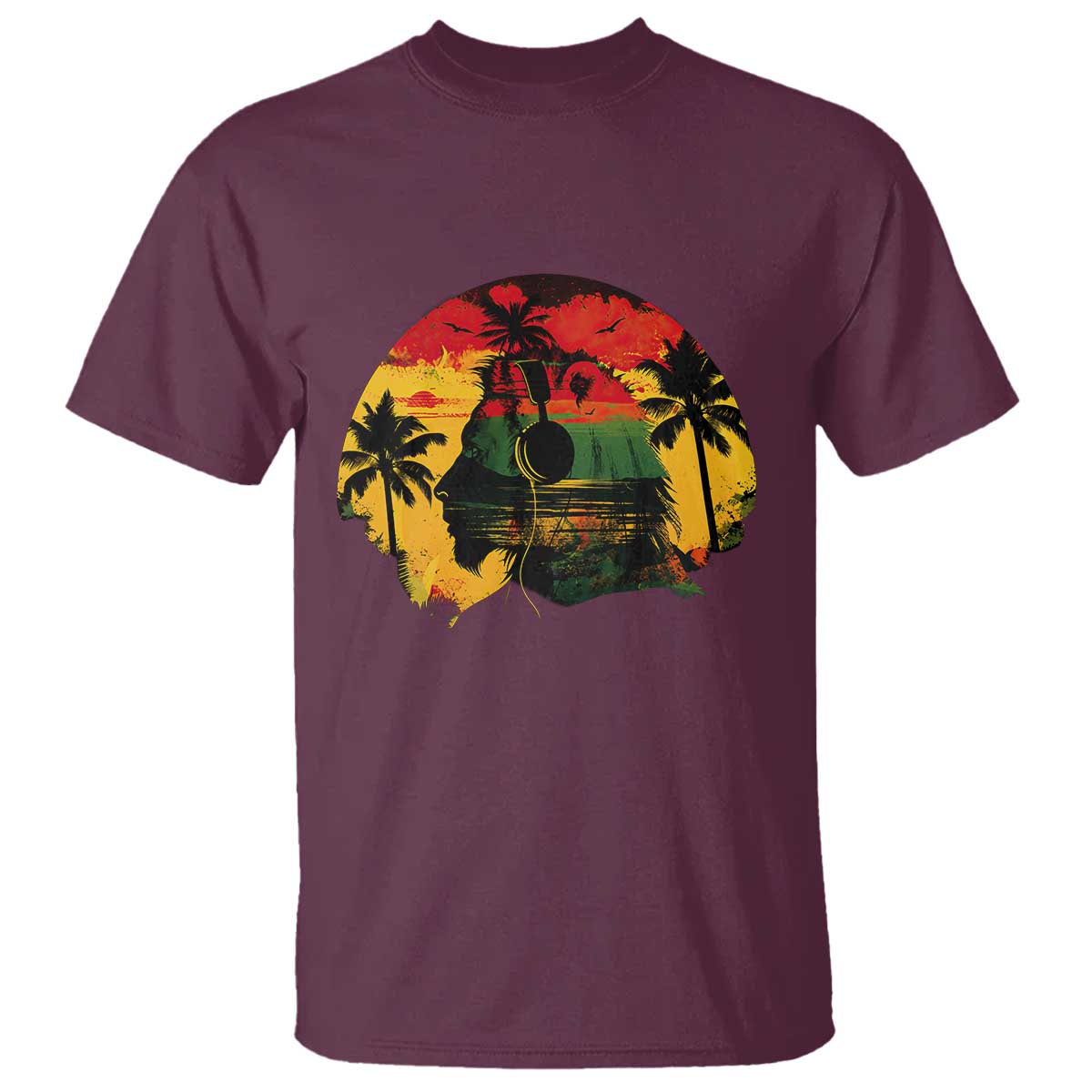 Retro Jamaican Lion Sunset T Shirt Rasta Colors Music and Island Vibes Graphic TS02 Maroon Print Your Wear