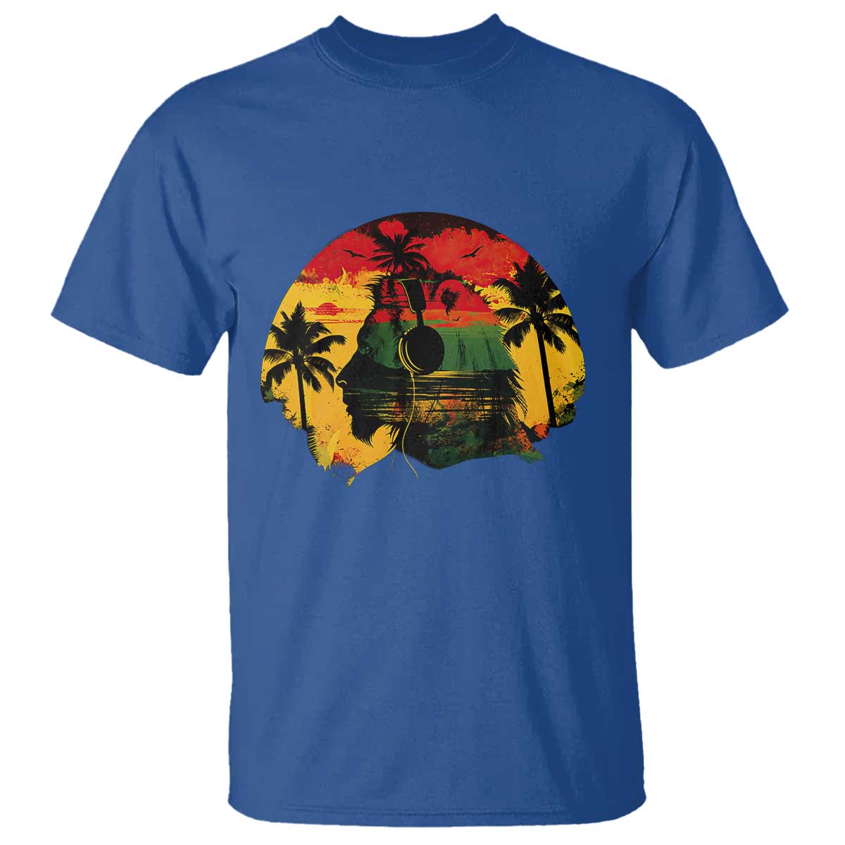 Retro Jamaican Lion Sunset T Shirt Rasta Colors Music and Island Vibes Graphic TS02 Royal Blue Print Your Wear