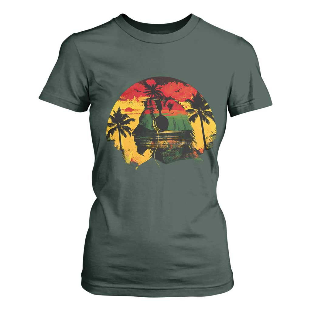 Retro Jamaican Lion Sunset T Shirt For Women Rasta Colors Music and Island Vibes Graphic TS02 Dark Forest Green Print Your Wear
