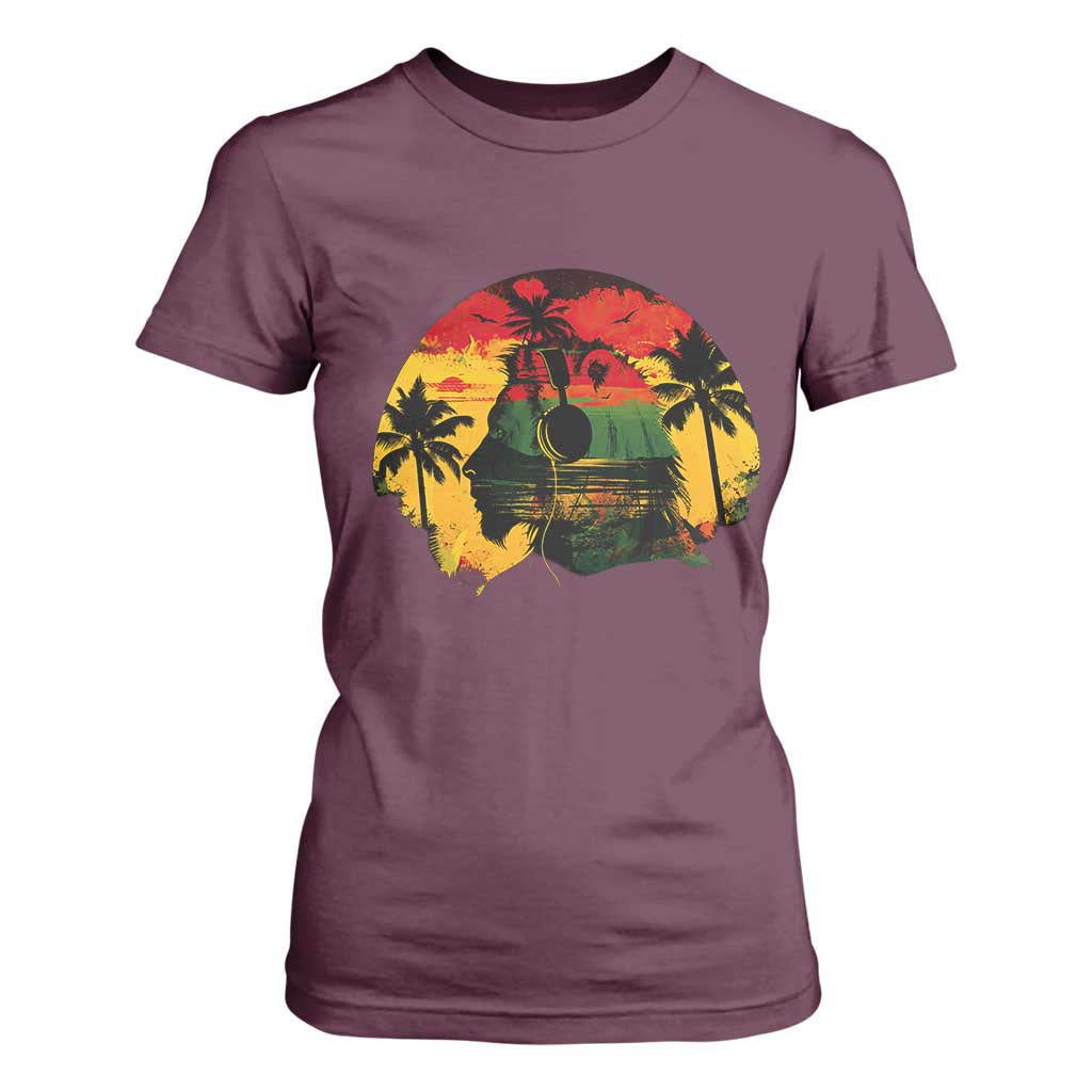 Retro Jamaican Lion Sunset T Shirt For Women Rasta Colors Music and Island Vibes Graphic TS02 Maroon Print Your Wear