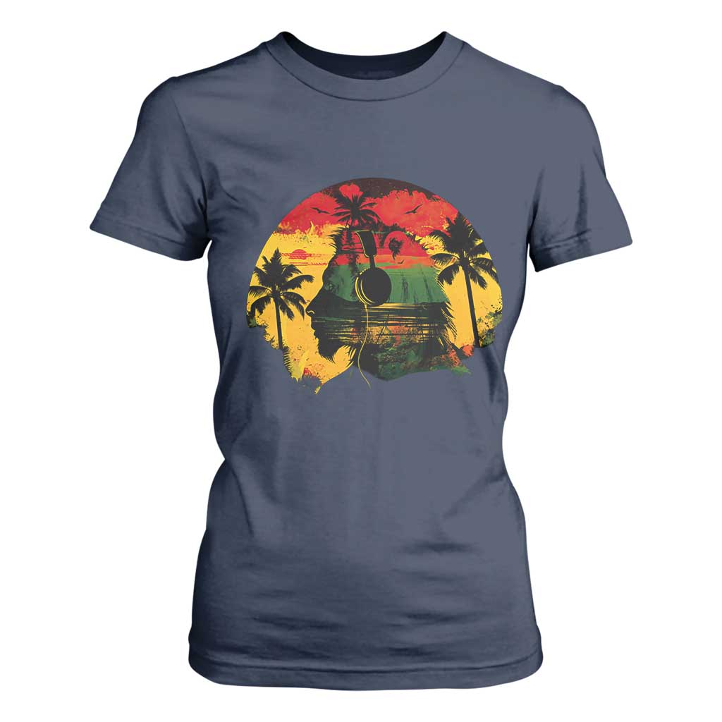 Retro Jamaican Lion Sunset T Shirt For Women Rasta Colors Music and Island Vibes Graphic TS02 Navy Print Your Wear