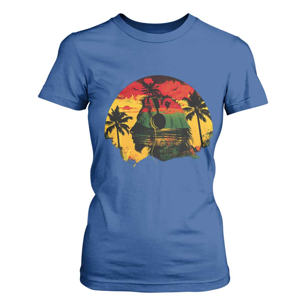Retro Jamaican Lion Sunset T Shirt For Women Rasta Colors Music and Island Vibes Graphic TS02 Royal Blue Print Your Wear