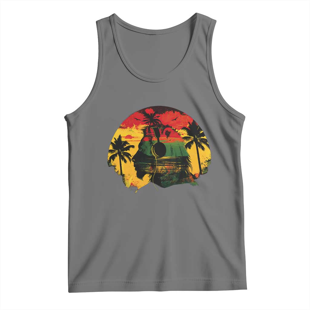 Retro Jamaican Lion Sunset Tank Top Rasta Colors Music and Island Vibes Graphic TS02 Black Heather Print Your Wear