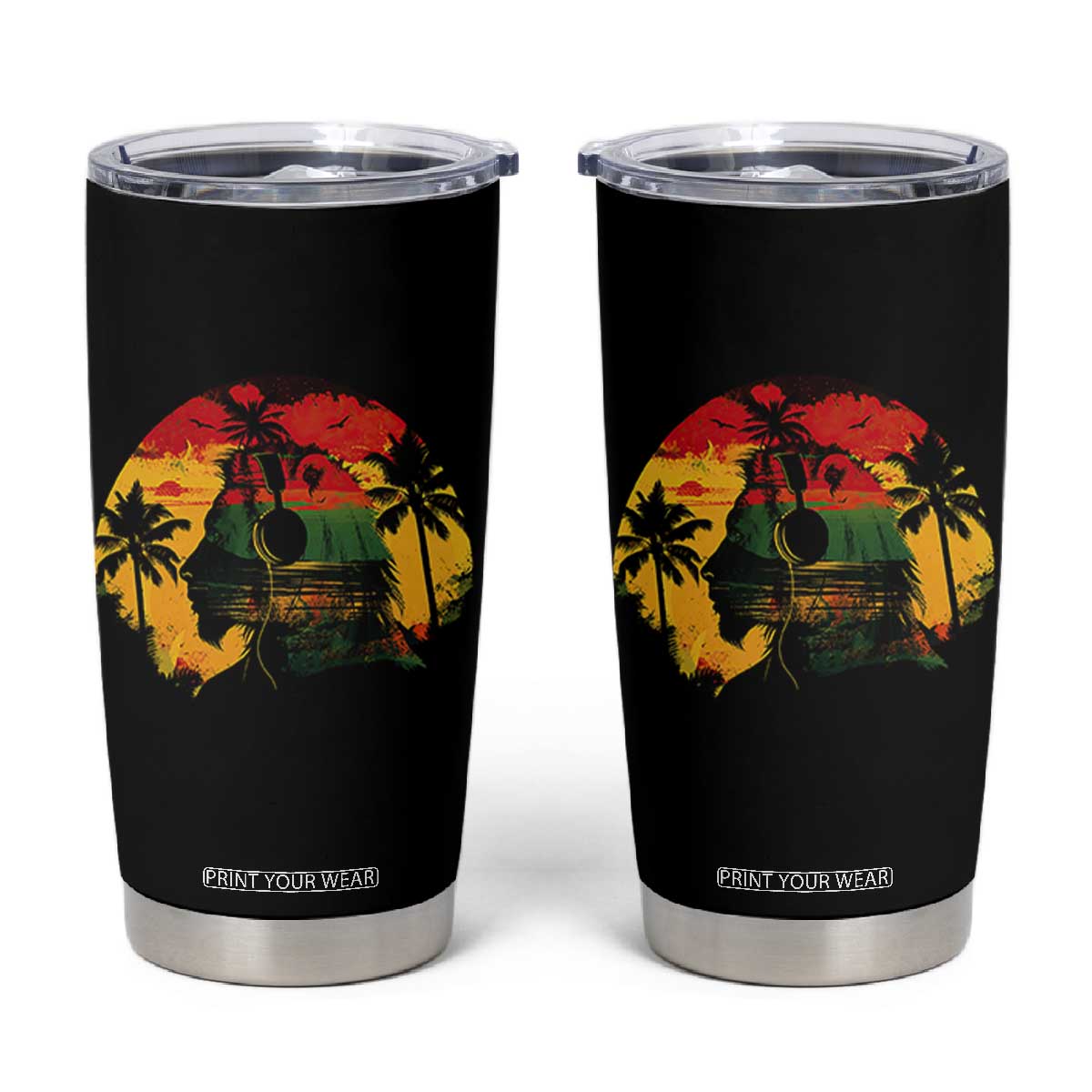 Retro Jamaican Lion Sunset Tumbler Cup Rasta Colors Music and Island Vibes Graphic TS02 Black Print Your Wear