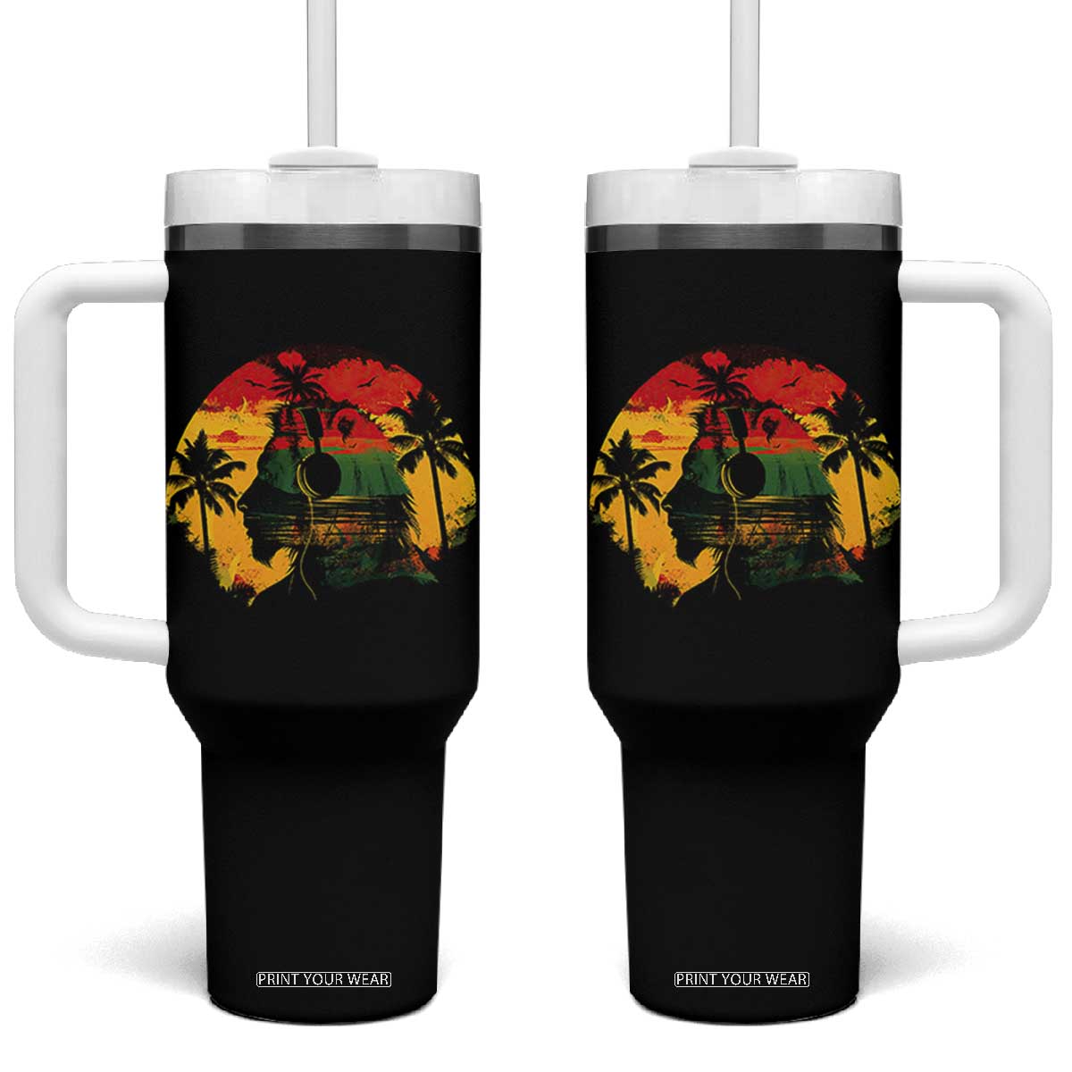 Retro Jamaican Lion Sunset Tumbler With Handle Rasta Colors Music and Island Vibes Graphic TS02 One Size: 40 oz Black Print Your Wear