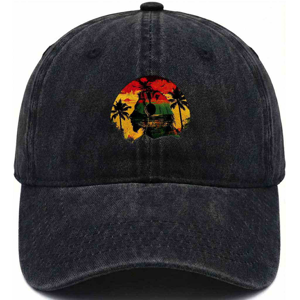 Retro Jamaican Lion Sunset Washed Cotton Baseball Cap Rasta Colors Music and Island Vibes Graphic TS02 Print Your Wear