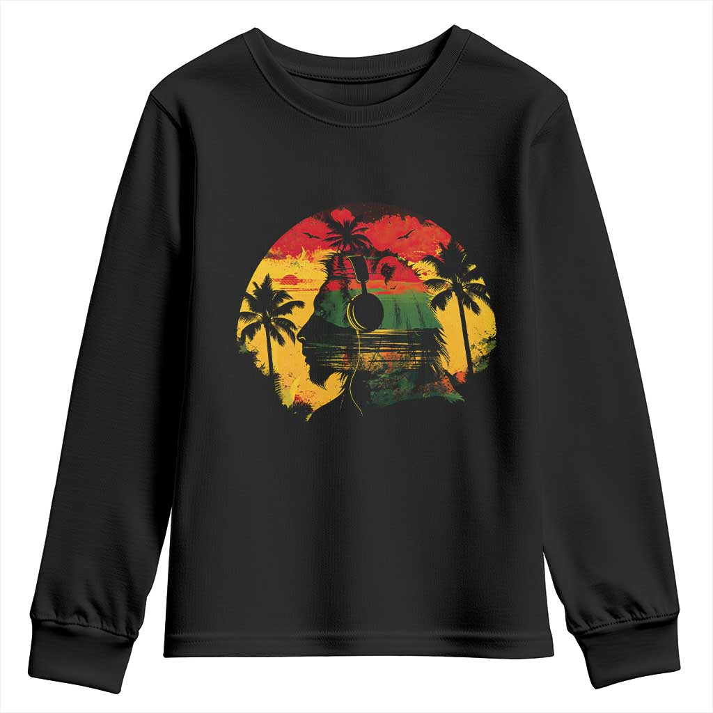Retro Jamaican Lion Sunset Youth Sweatshirt Rasta Colors Music and Island Vibes Graphic TS02 Black Print Your Wear