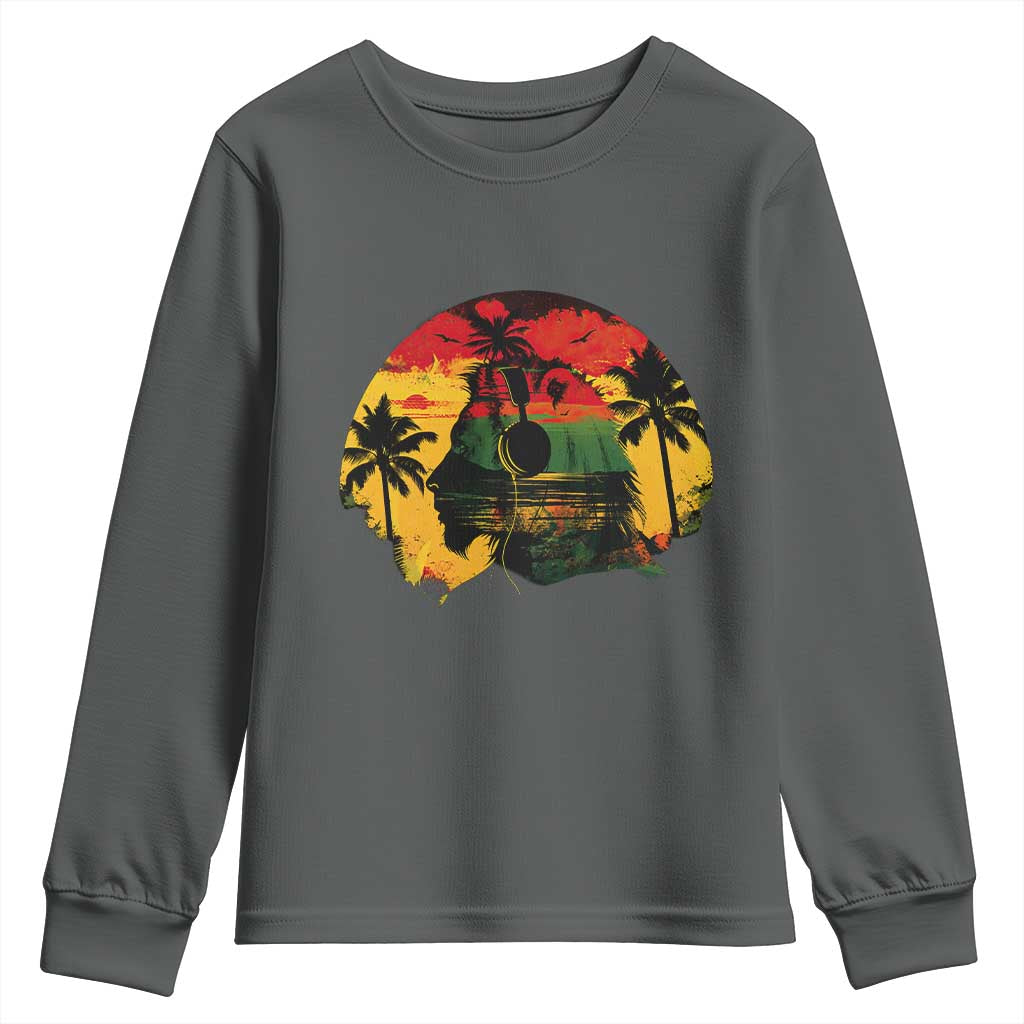 Retro Jamaican Lion Sunset Youth Sweatshirt Rasta Colors Music and Island Vibes Graphic TS02 Dark Heather Print Your Wear