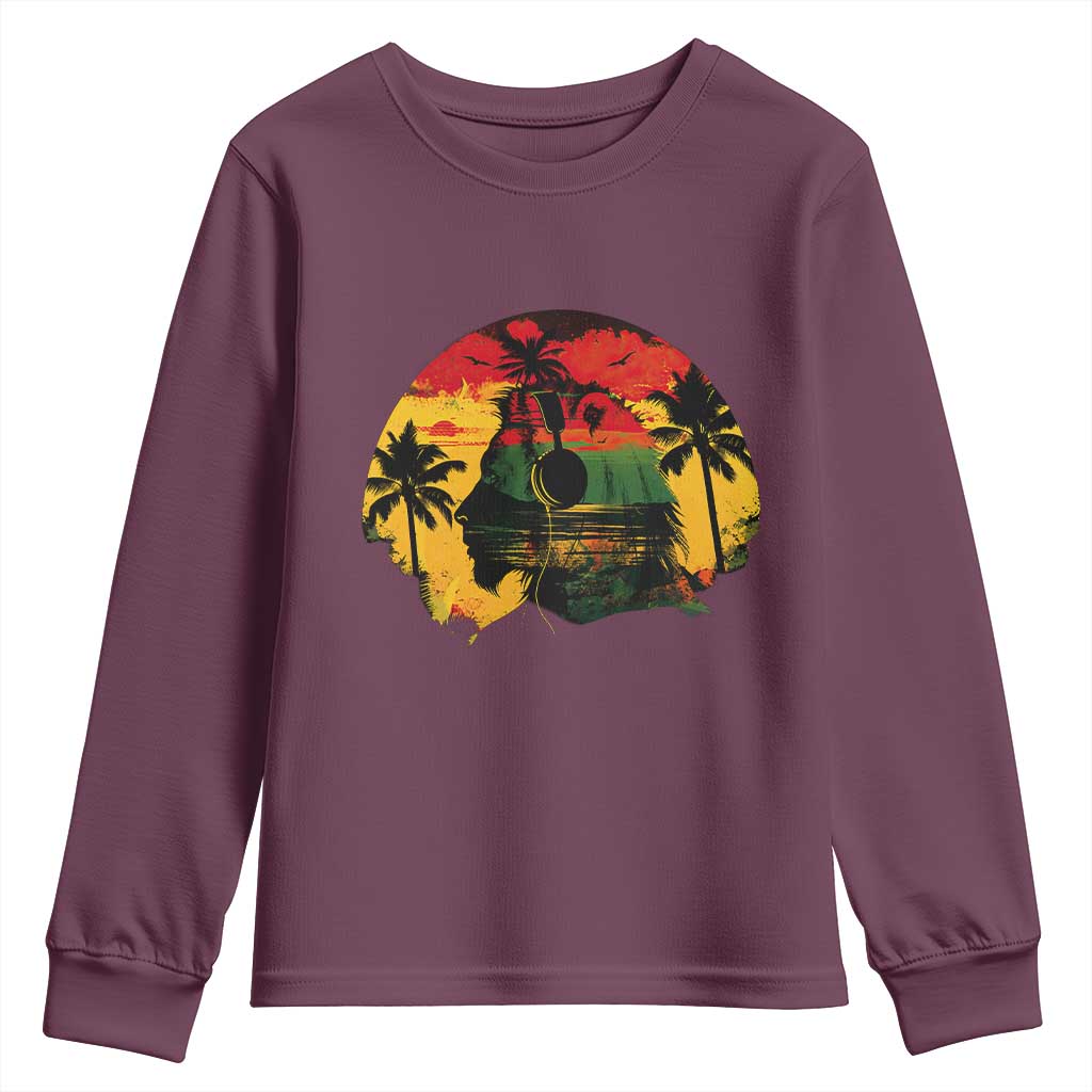 Retro Jamaican Lion Sunset Youth Sweatshirt Rasta Colors Music and Island Vibes Graphic TS02 Maroon Print Your Wear