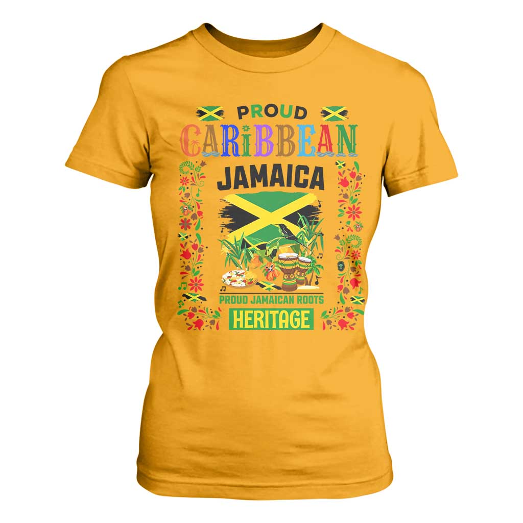 Proud Caribbean Jamaica Heritage T Shirt For Women Jamaican Roots and Island Culture TS02 Gold Print Your Wear