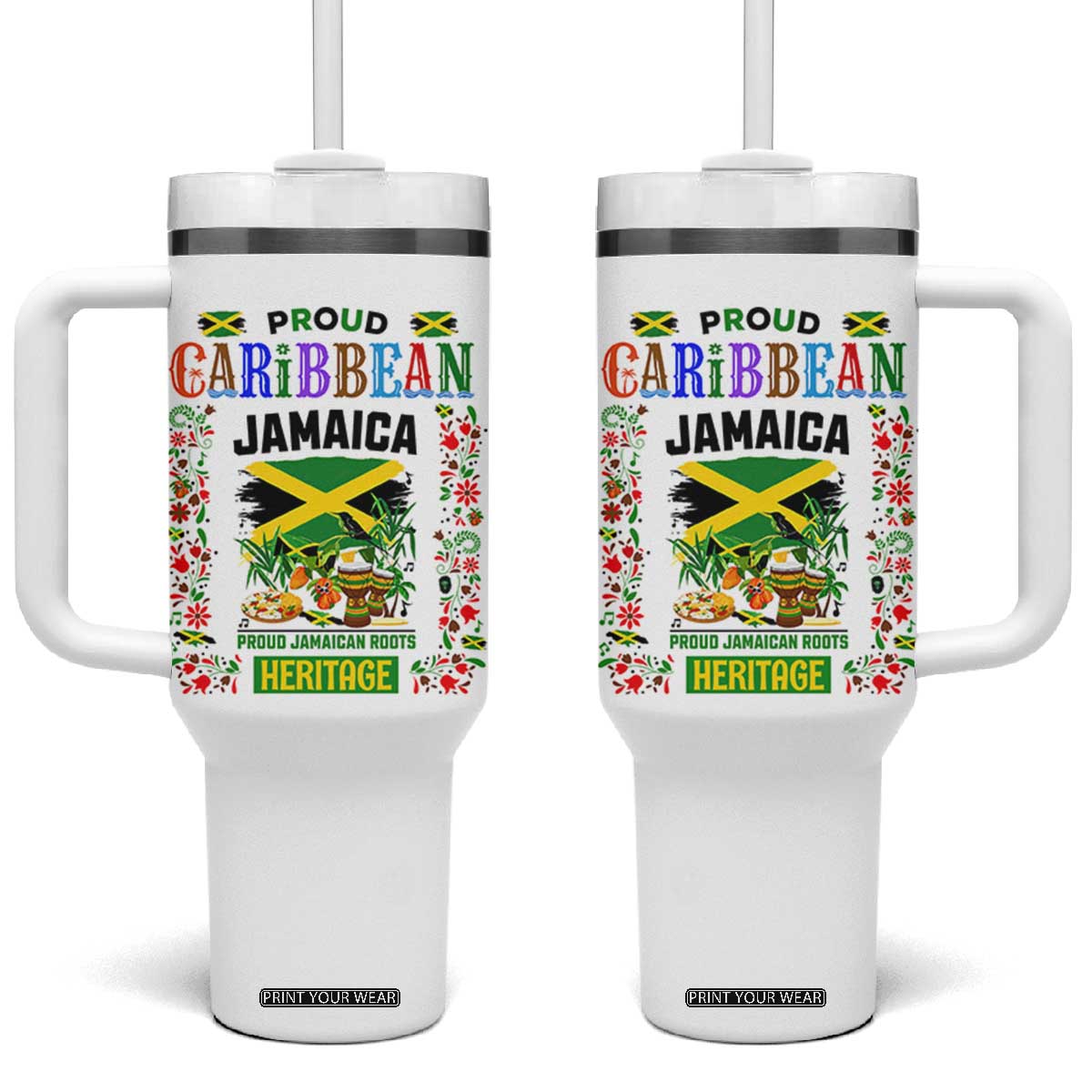 Proud Caribbean Jamaica Heritage Tumbler With Handle Jamaican Roots and Island Culture TS02 One Size: 40 oz White Print Your Wear