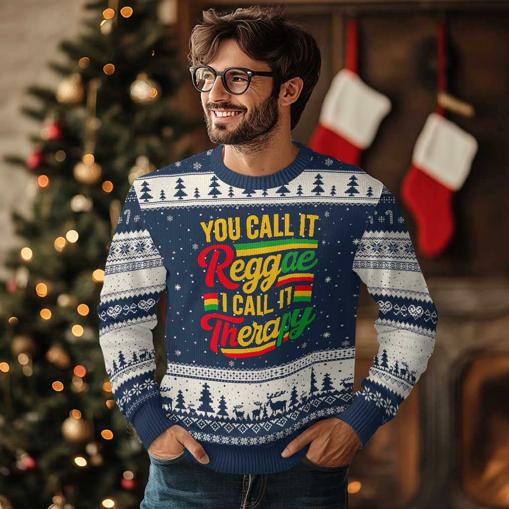 You Call It Reggae I Call It Therapy Ugly Christmas Sweater Emotional Jamaican Rasta Music Lovers TS02 Navy Beige Print Your Wear