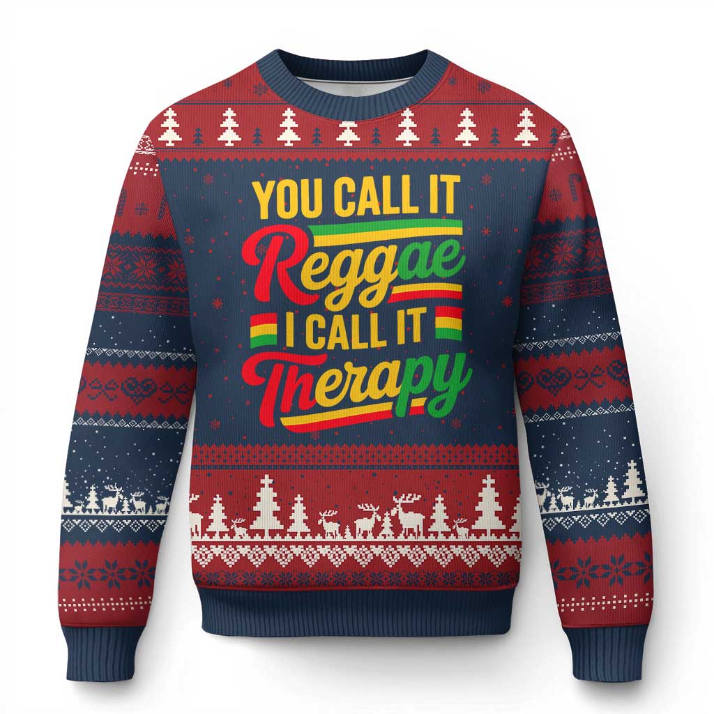 You Call It Reggae I Call It Therapy Ugly Christmas Sweater Emotional Jamaican Rasta Music Lovers TS02 Navy Red Print Your Wear