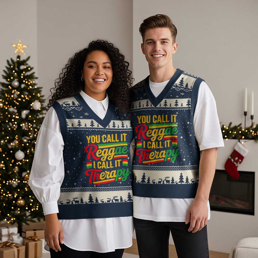 You Call It Reggae I Call It Therapy V-Neck Knit Sweater Vest Emotional Jamaican Rasta Music Lovers TS02 Navy Beige Print Your Wear