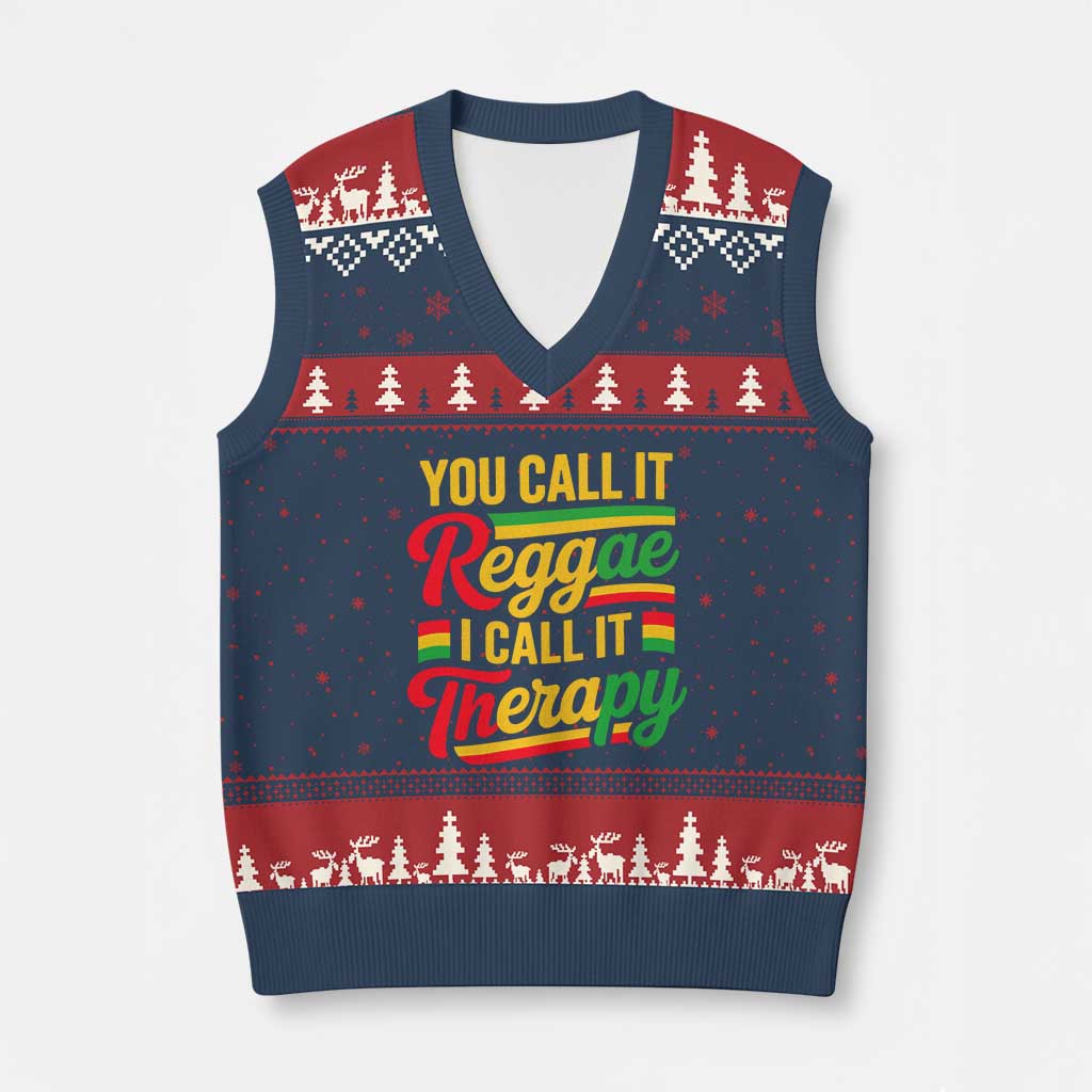 You Call It Reggae I Call It Therapy V-Neck Knit Sweater Vest Emotional Jamaican Rasta Music Lovers TS02 Navy Red Print Your Wear