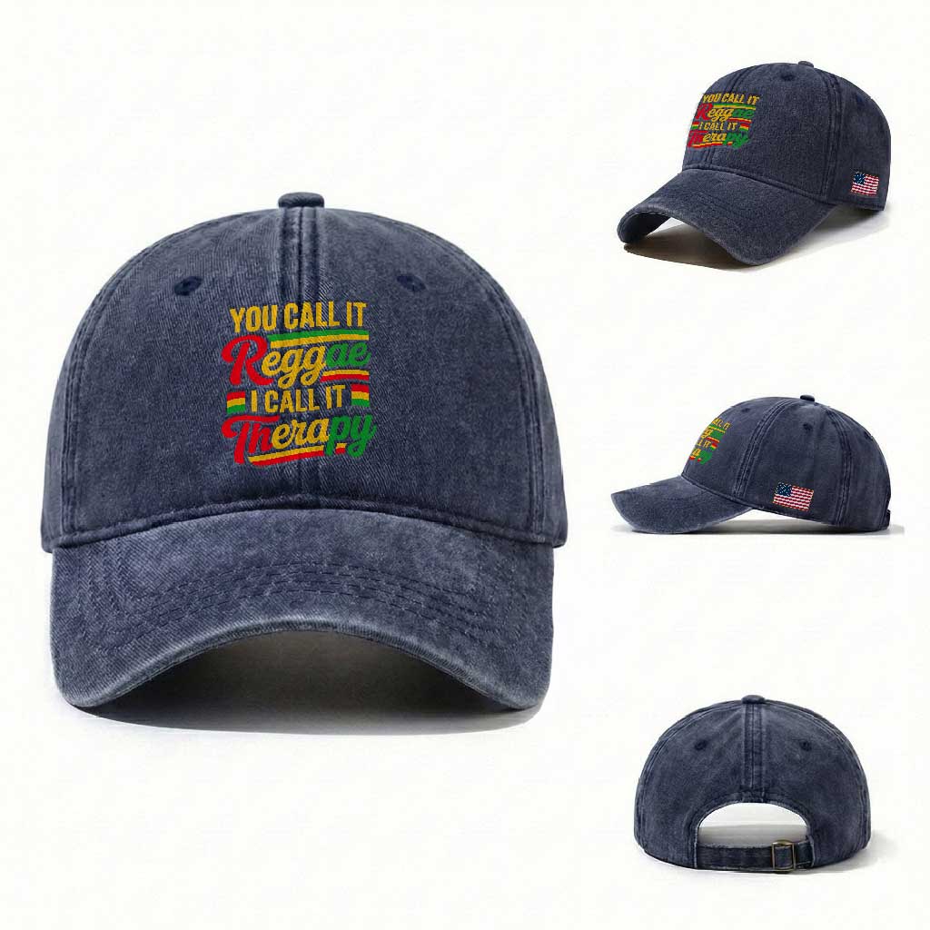 You Call It Reggae I Call It Therapy Washed Cotton Baseball Cap Emotional Jamaican Rasta Music Lovers TS02 Washed Cap Universal Fit Navy Print Your Wear