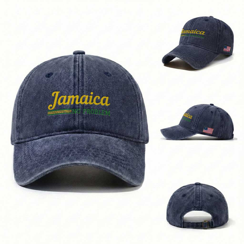 Jamaica No Problem Washed Cotton Baseball Cap Classic Island Motto and Caribbean Vacation TS02 Washed Cap Universal Fit Navy Print Your Wear