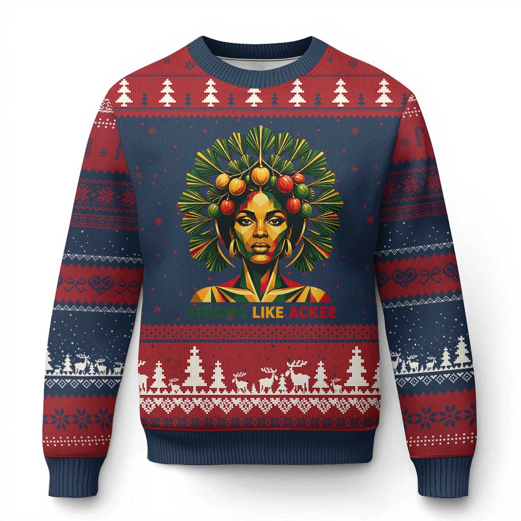 Strong Like Ackee Empowered Woman Ugly Christmas Sweater Jamaican National Fruit Heritage Pride TS02 Navy Red Print Your Wear