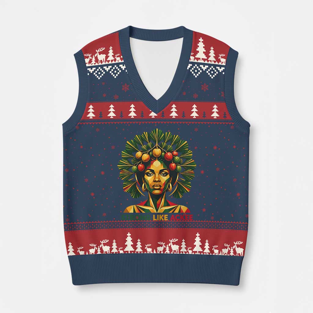 Strong Like Ackee Empowered Woman V-Neck Knit Sweater Vest Jamaican National Fruit Heritage Pride TS02 Navy Red Print Your Wear