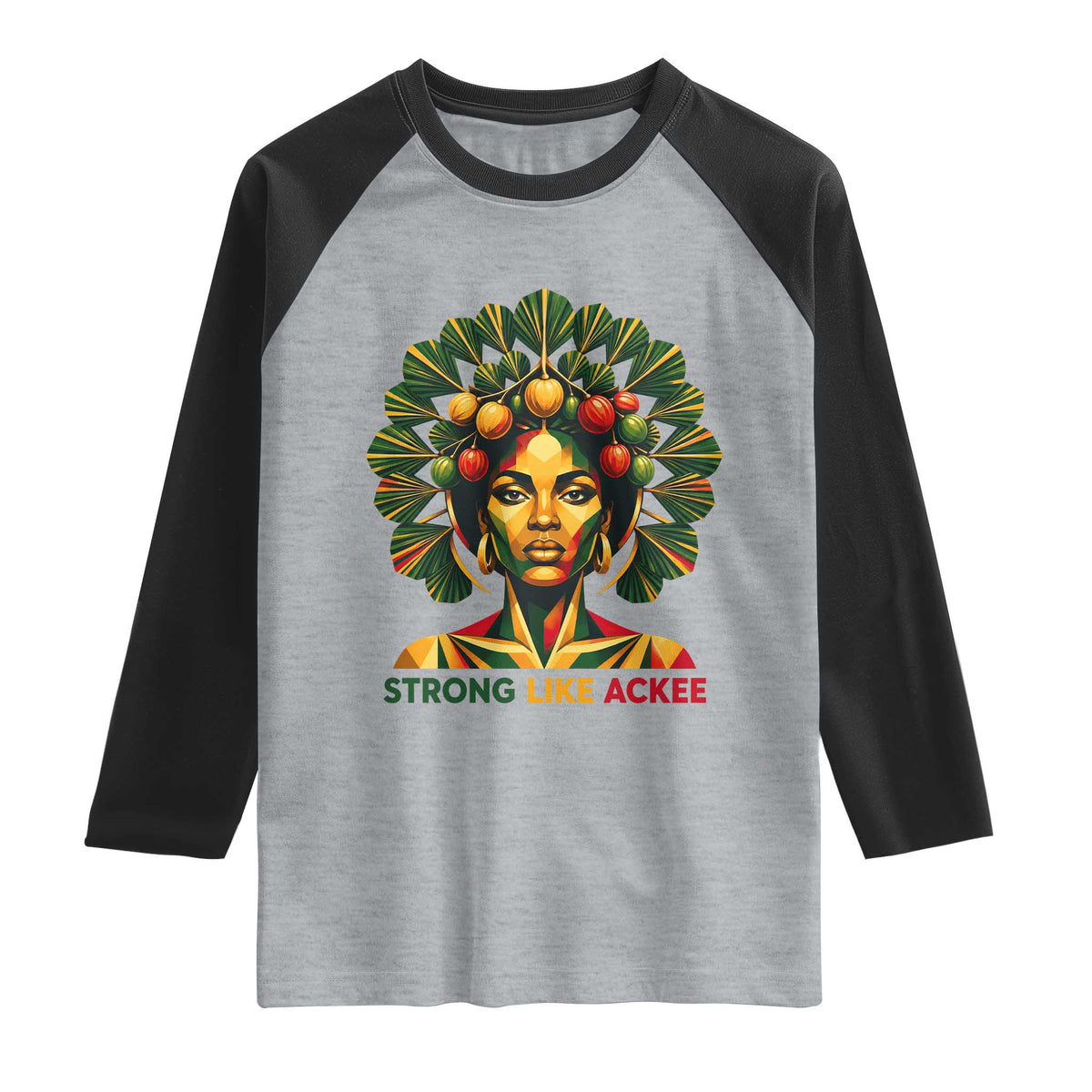 Strong Like Ackee Empowered Woman Raglan Shirt Jamaican National Fruit Heritage Pride TS02 Heather Gray Black Print Your Wear