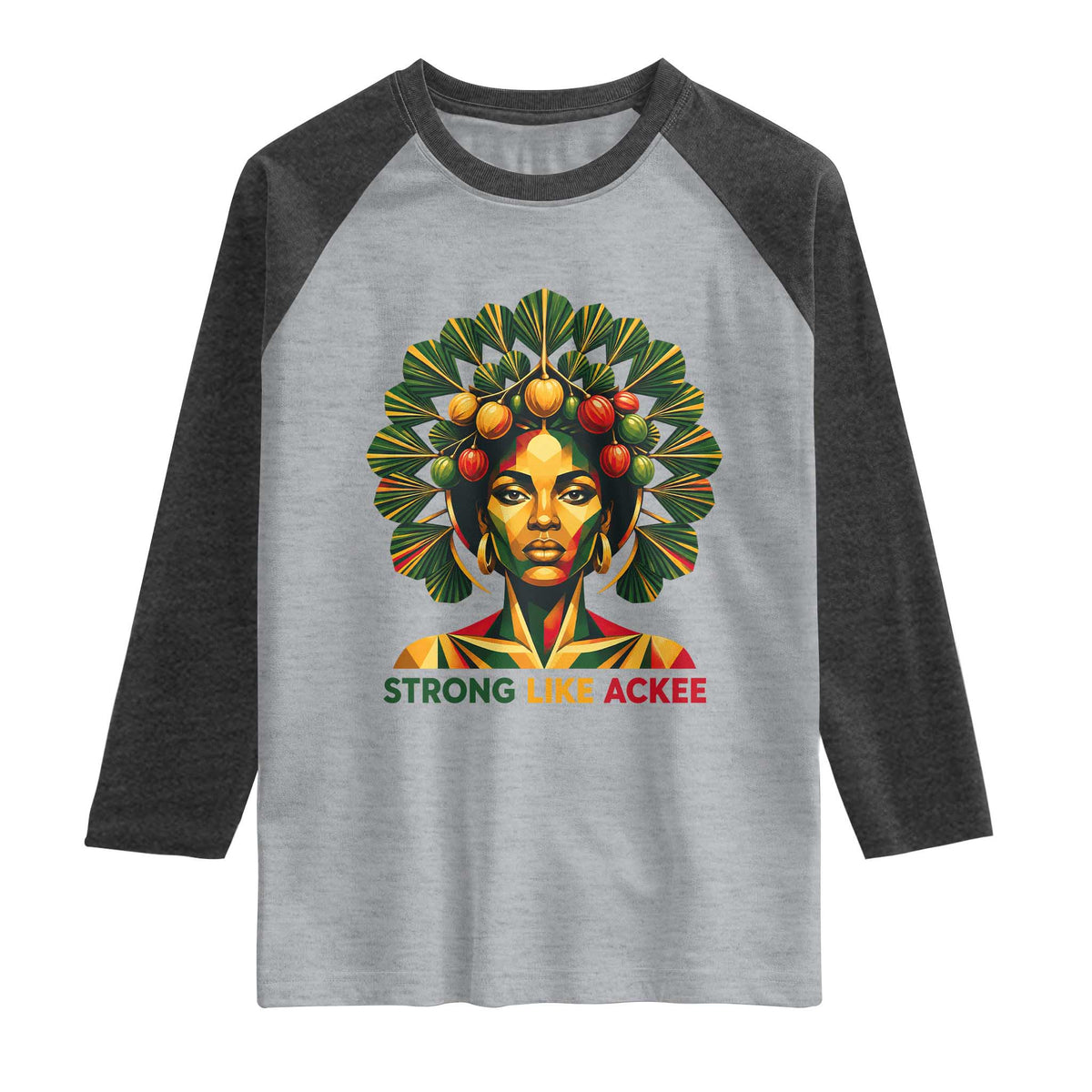 Strong Like Ackee Empowered Woman Raglan Shirt Jamaican National Fruit Heritage Pride TS02 Heather Gray Heather Charcoal Print Your Wear