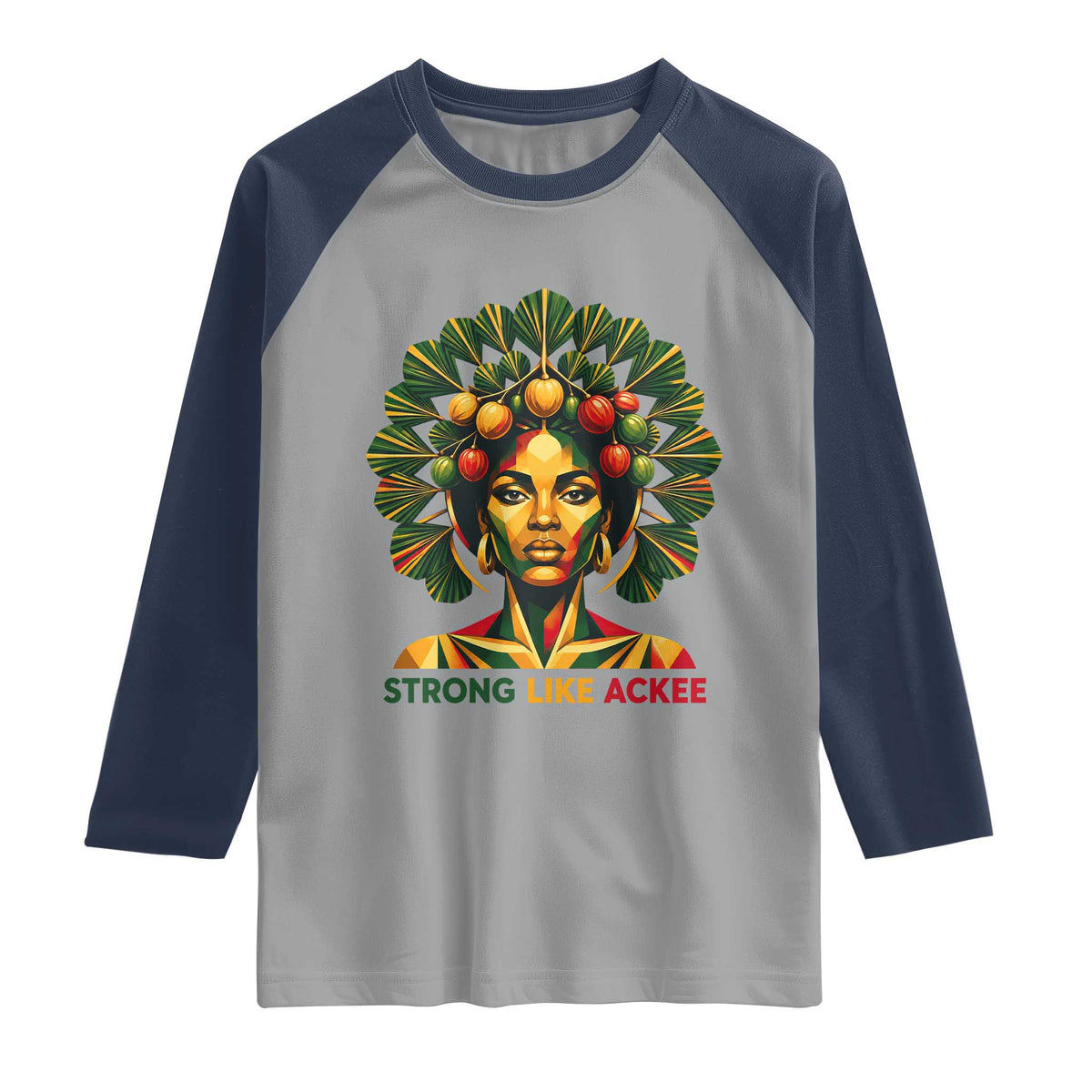 Strong Like Ackee Empowered Woman Raglan Shirt Jamaican National Fruit Heritage Pride TS02 Sport Gray Navy Print Your Wear