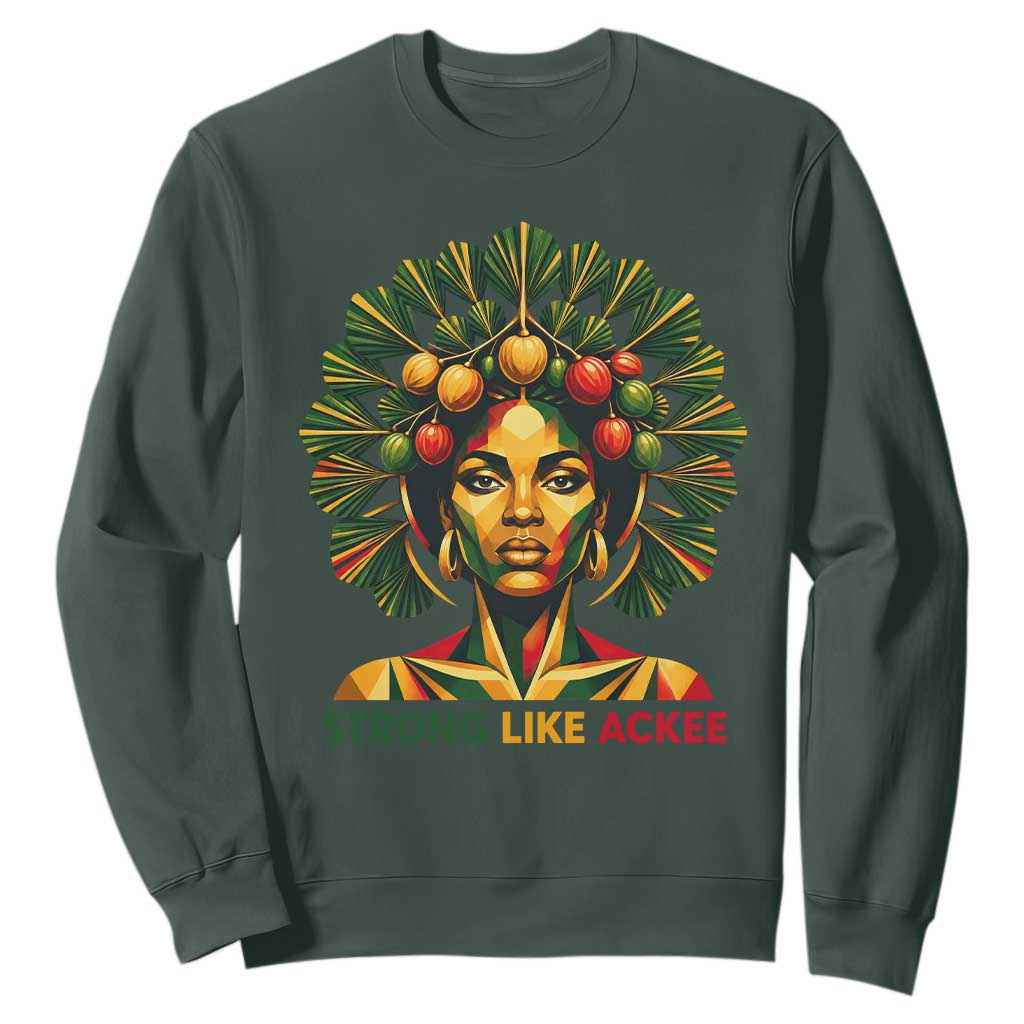 Strong Like Ackee Empowered Woman Sweatshirt Jamaican National Fruit Heritage Pride TS02 Dark Forest Green Print Your Wear