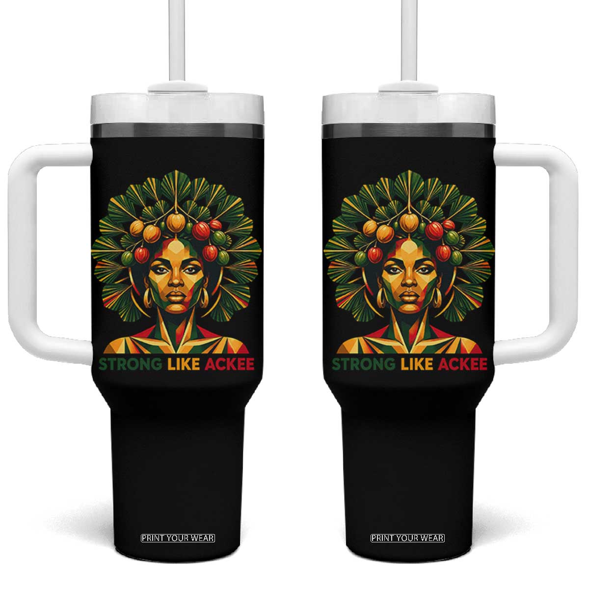 Strong Like Ackee Empowered Woman Tumbler With Handle Jamaican National Fruit Heritage Pride TS02 One Size: 40 oz Black Print Your Wear