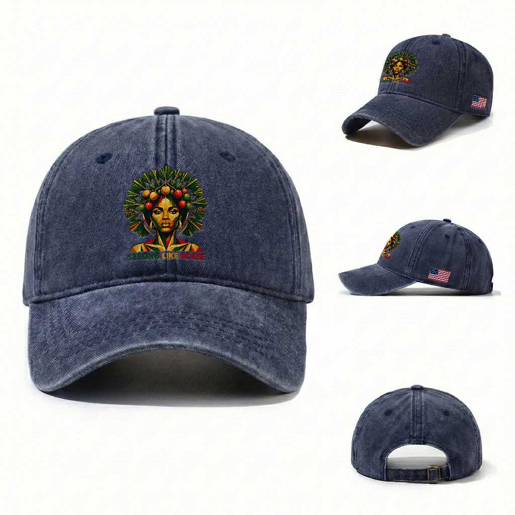 Strong Like Ackee Empowered Woman Washed Cotton Baseball Cap Jamaican National Fruit Heritage Pride TS02 Washed Cap Universal Fit Navy Print Your Wear