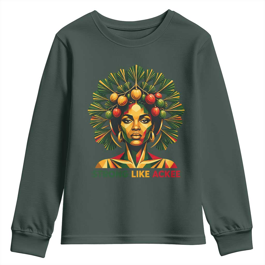 Strong Like Ackee Empowered Woman Youth Sweatshirt Jamaican National Fruit Heritage Pride TS02 Dark Forest Green Print Your Wear