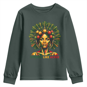 Strong Like Ackee Empowered Woman Youth Sweatshirt Jamaican National Fruit Heritage Pride TS02 Dark Forest Green Print Your Wear