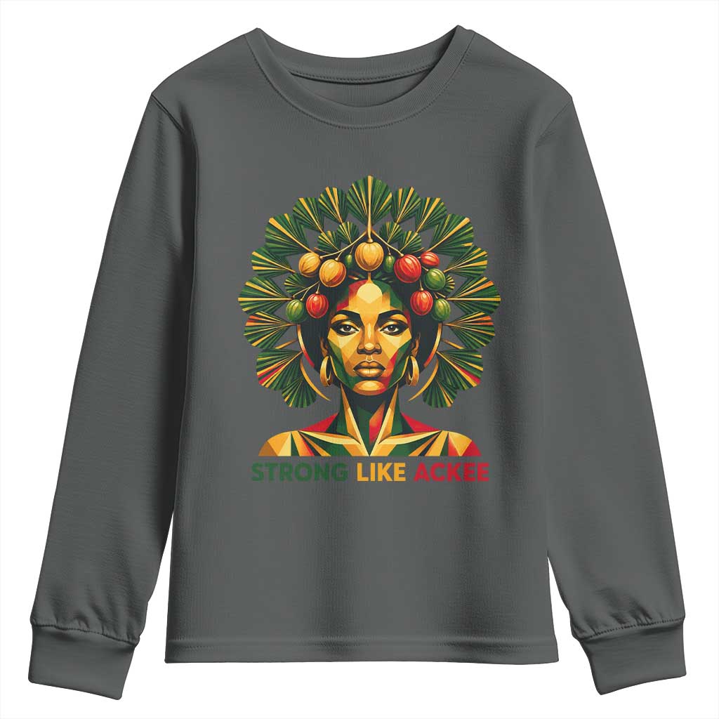 Strong Like Ackee Empowered Woman Youth Sweatshirt Jamaican National Fruit Heritage Pride TS02 Dark Heather Print Your Wear