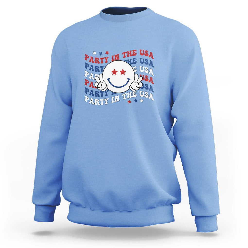 Funny 4th Of July Sweatshirt Party In The USA Smiling Face Retro Groovy TS02 Carolina Blue Printyourwear