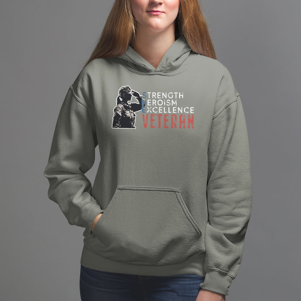 Female Veteran Hoodie Strength Heroism Excellence Women TS02 Military Green Printyourwear