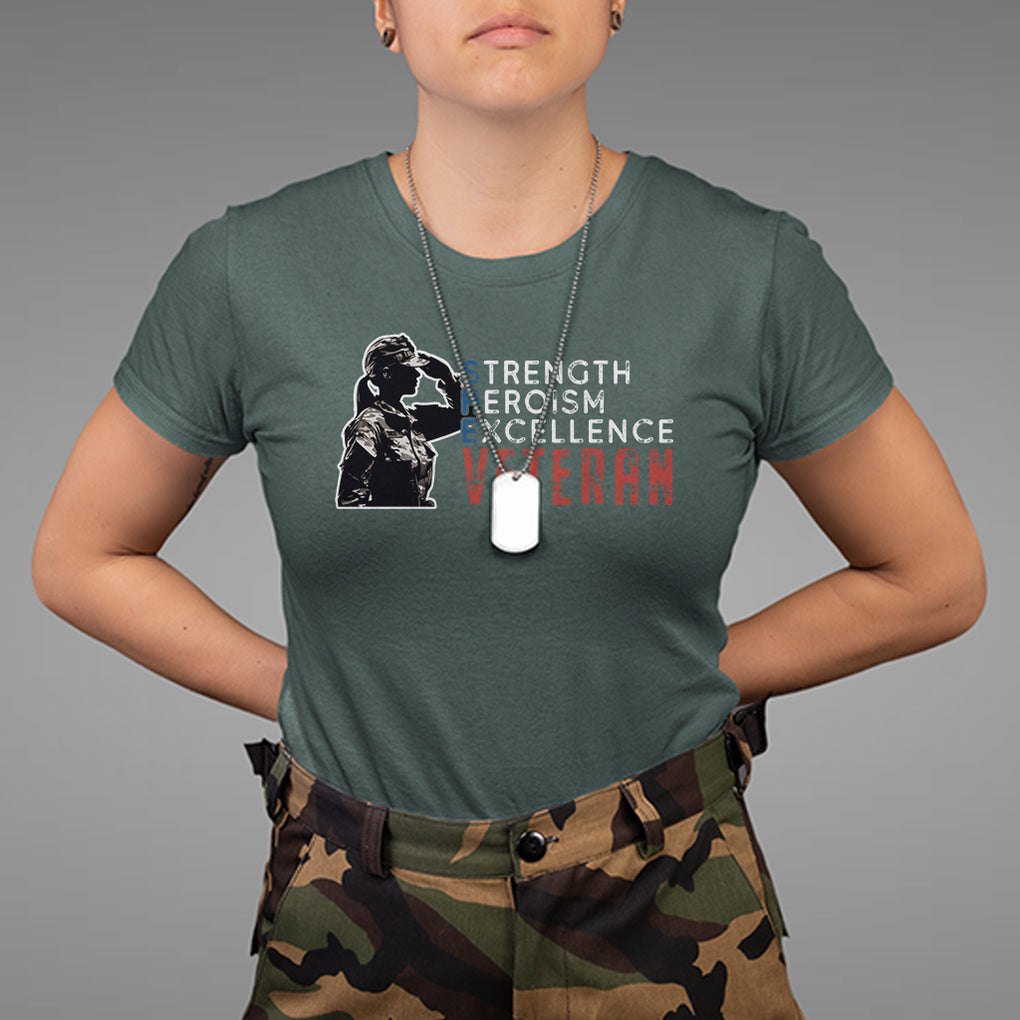 Female Veteran T Shirt Strength Heroism Excellence Women TS02 Dark Forest Green Printyourwear