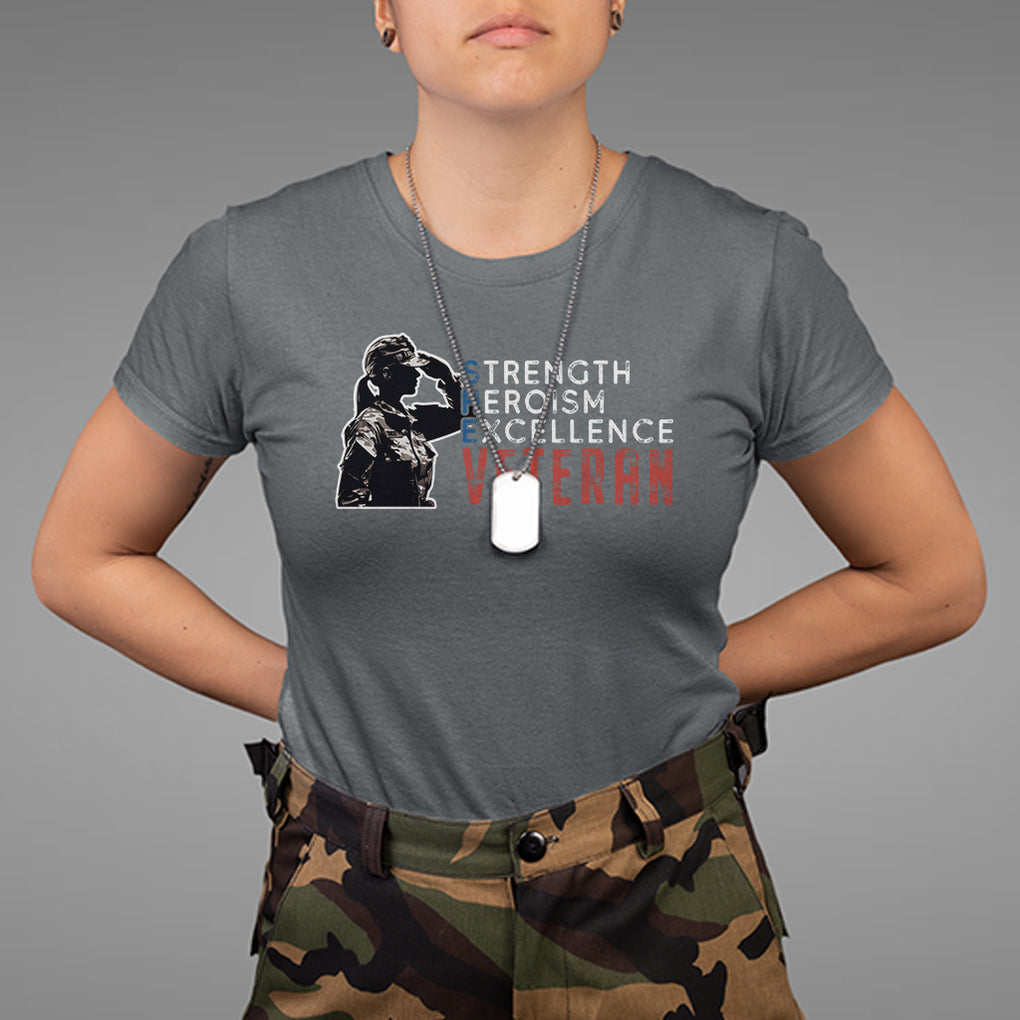 Female Veteran T Shirt Strength Heroism Excellence Women TS02 Dark Heather Printyourwear
