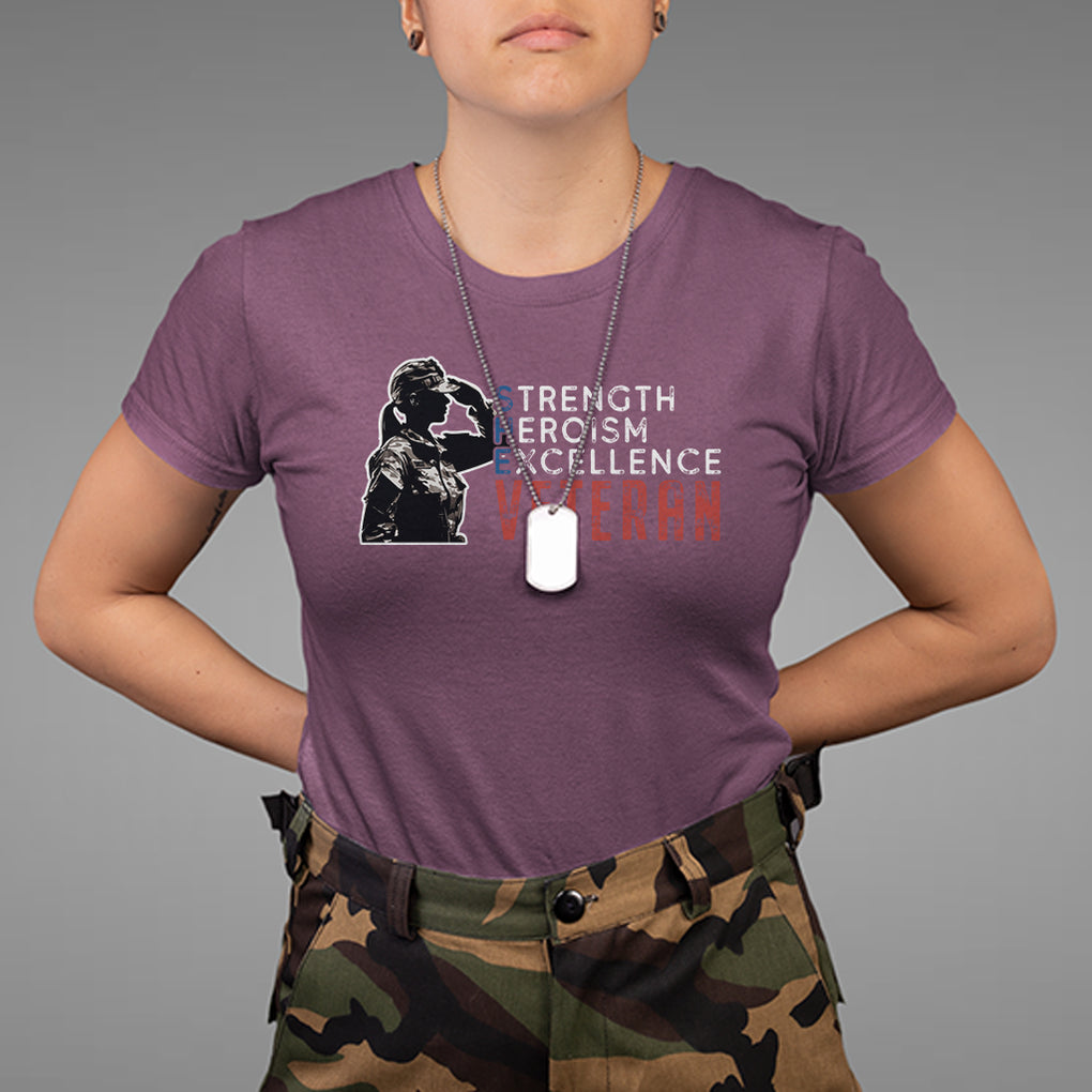 Female Veteran T Shirt Strength Heroism Excellence Women TS02 Maroon Printyourwear