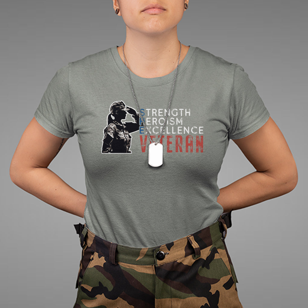 Female Veteran T Shirt Strength Heroism Excellence Women TS02 Military Green Printyourwear