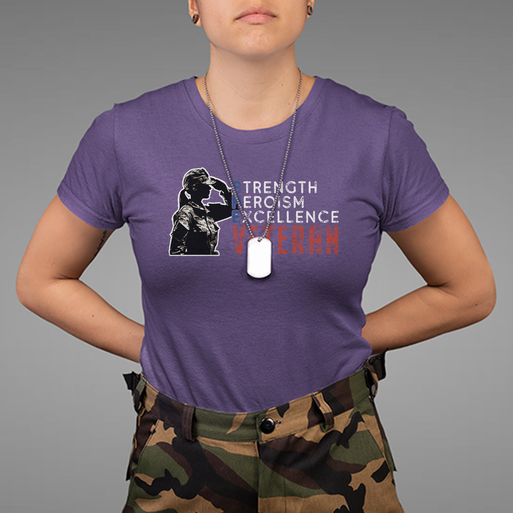 Female Veteran T Shirt Strength Heroism Excellence Women TS02 Purple Printyourwear