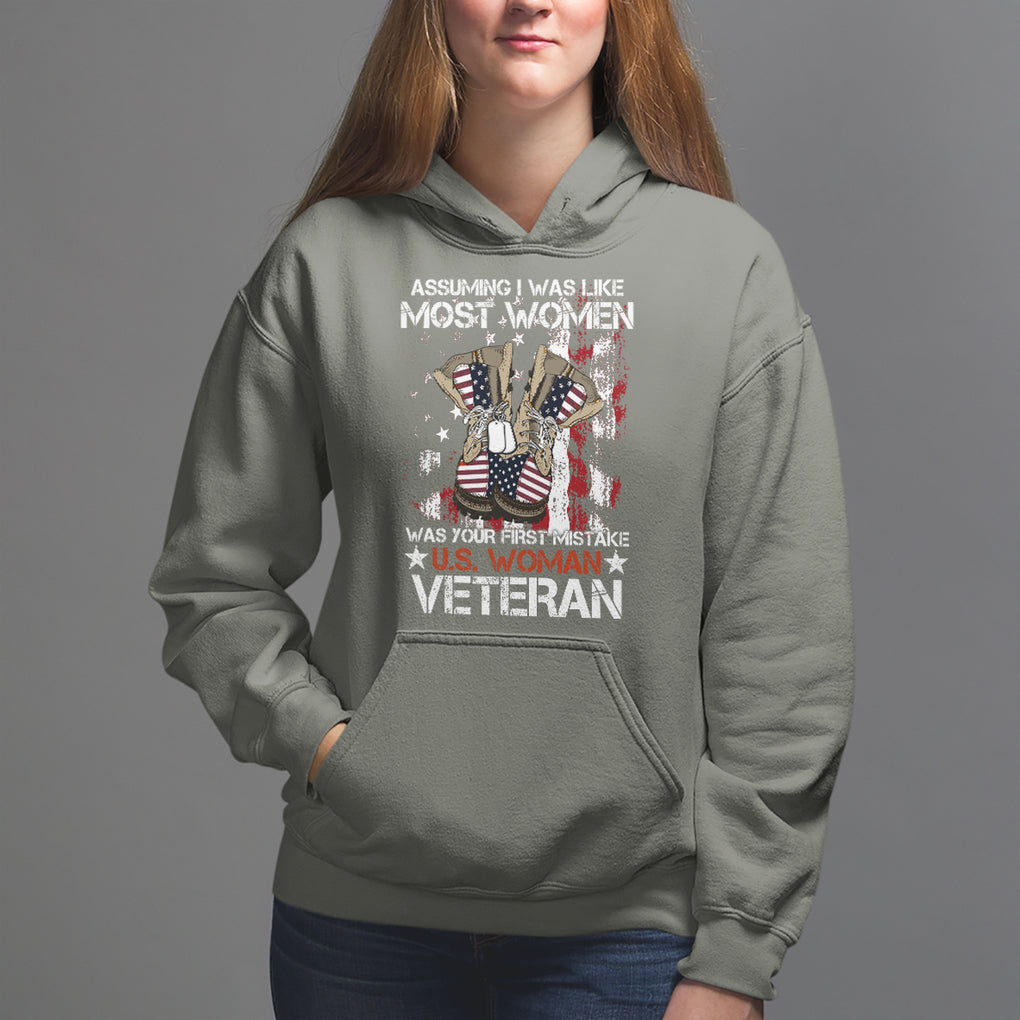 Female Veteran Hoodie Assuming I Was Like Most Women Was Your First Mistake American Flag Dog Tags And Combat Boots TS02 Military Green Printyourwear